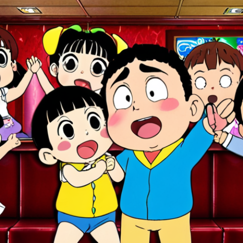 Home 8 **Image Prompt:** Hiroshi, from "Crayon Shin-chan," at a lively karaoke bar, slightly embarrassed but enjoying himself. The scene should be warm and inviting, with friends and colleagues cheering him on.