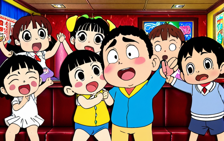**Image Prompt:** Hiroshi, from "Crayon Shin-chan," at a lively karaoke bar, slightly embarrassed but enjoying himself. The scene should be warm and inviting, with friends and colleagues cheering him on.